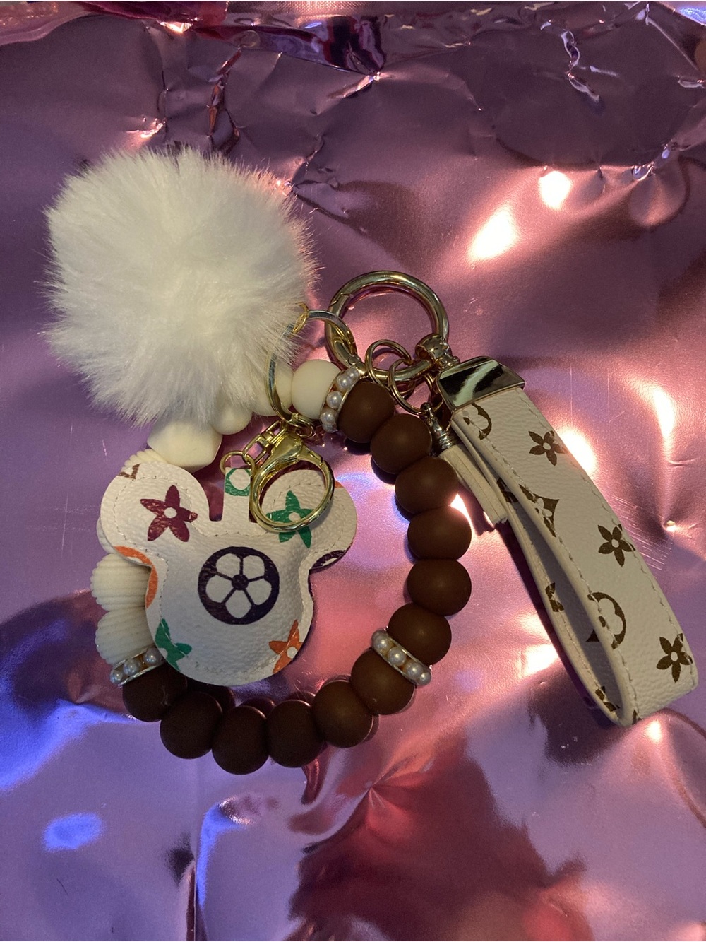 Source Unknown White and Brown Women's Wristlet Keychain with Pom Pom
